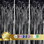 LHWEN Black Metallic Foil Fringe Curtains 3Pcs 3.28 x 6.56 Feet Photo Booth Streamer Curtain Party Props Decoration for Birthday Halloween Christmas New Year Wedding Stage Background Elegant
